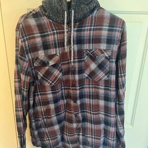Retrofit Red and Blue Plaid Button-Up Hoodie Shirt